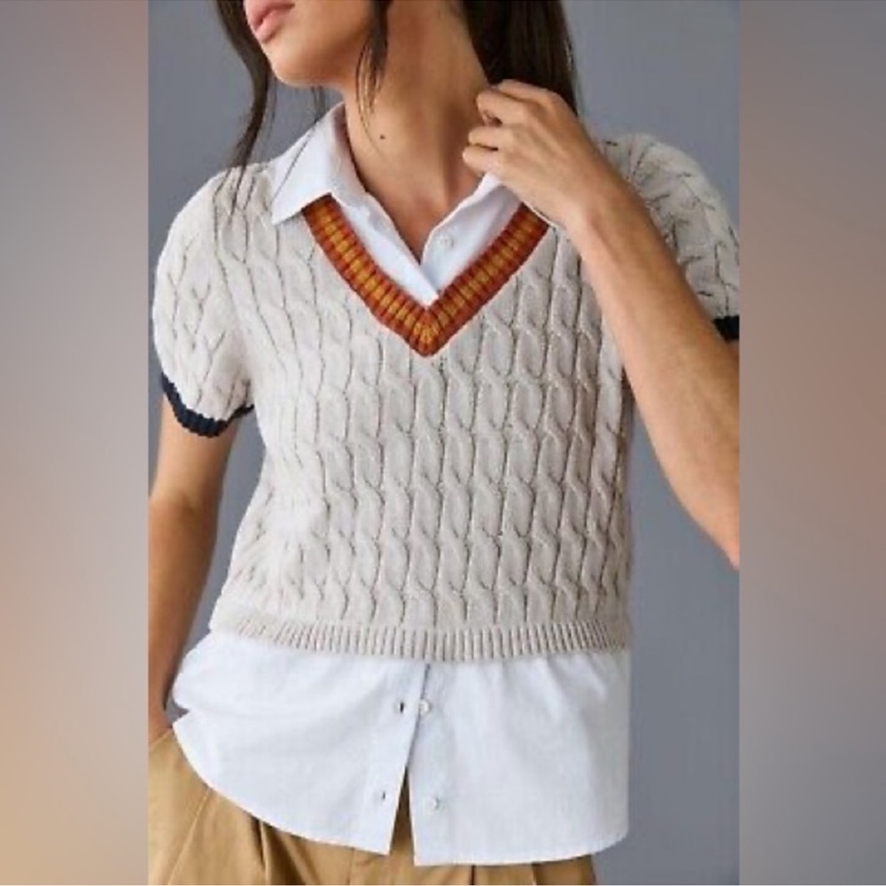 Maeve Tan/Cream Cable Knit V-Neck Sweater